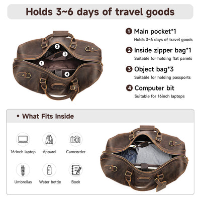 Vintage-Inspired Crazy Horse Leather Travel Duffel Bag