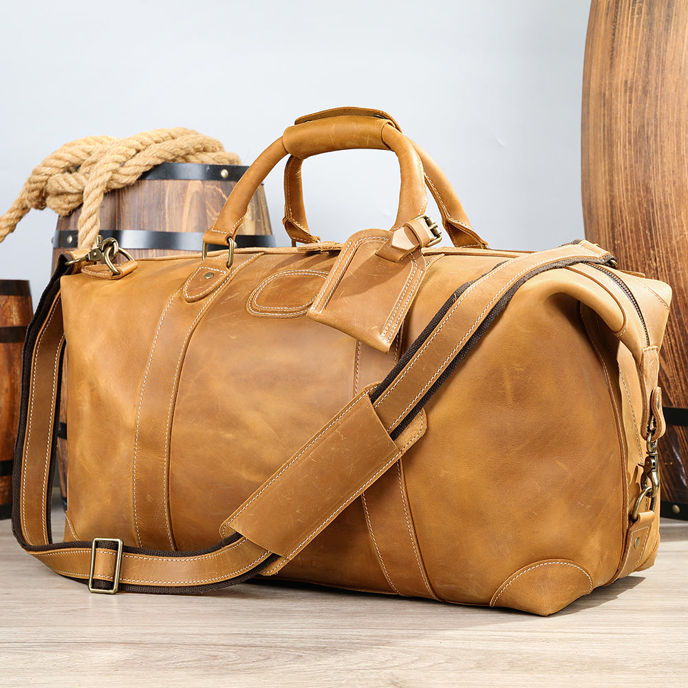 Vintage-Inspired Crazy Horse Leather Travel Duffel Bag