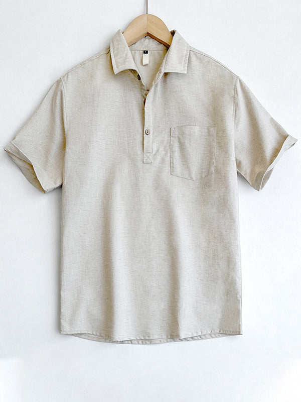 Men's Solid Color Cotton and Linen Short Sleeve Polo Shirt