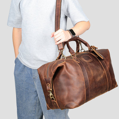 Vintage-Inspired Crazy Horse Leather Travel Duffel Bag