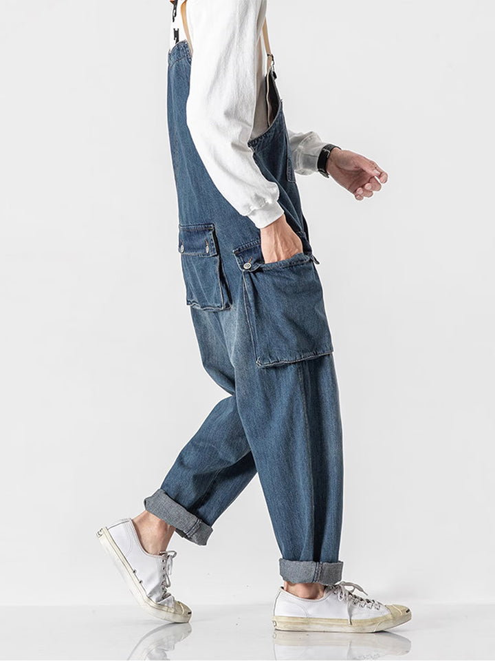 Distressed Denim Suspenders Multi-Pocket Overalls – Madepants