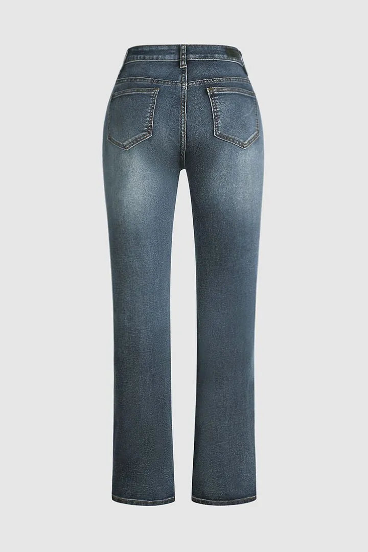 Jean bootcut taille moyenne avec broderie florale à la main