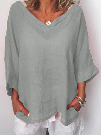 Casual Solid V Neck 3/4 Sleeve Tops