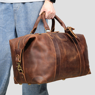 Vintage-Inspired Crazy Horse Leather Travel Duffel Bag