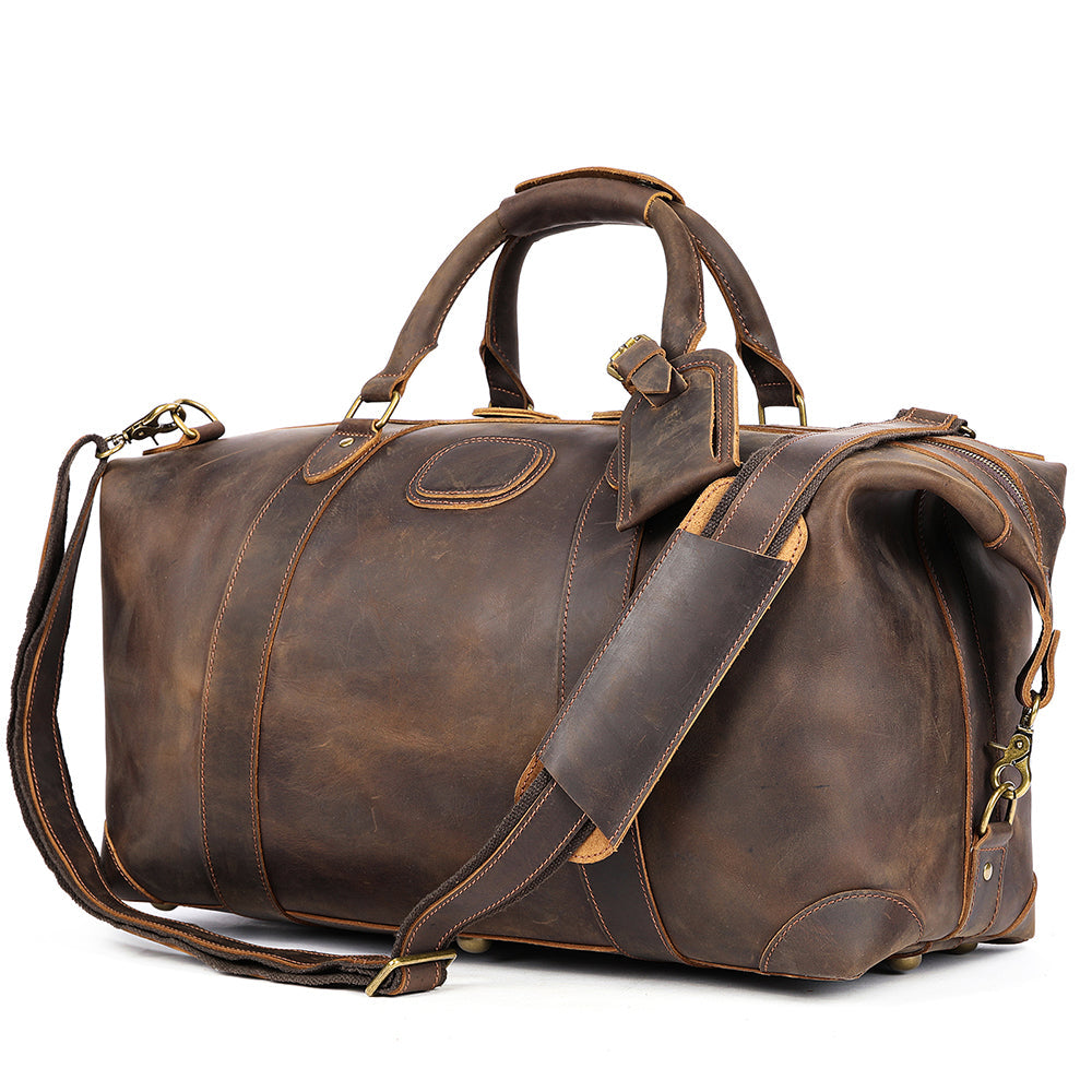 Vintage-Inspired Crazy Horse Leather Travel Duffel Bag