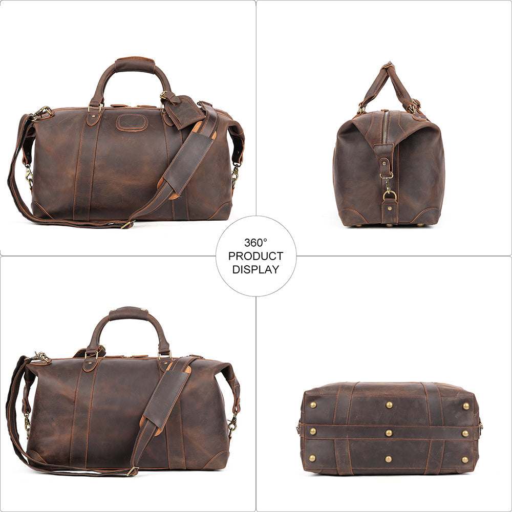 Vintage-Inspired Crazy Horse Leather Travel Duffel Bag