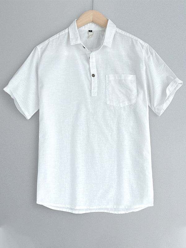 Men's Solid Color Cotton and Linen Short Sleeve Polo Shirt