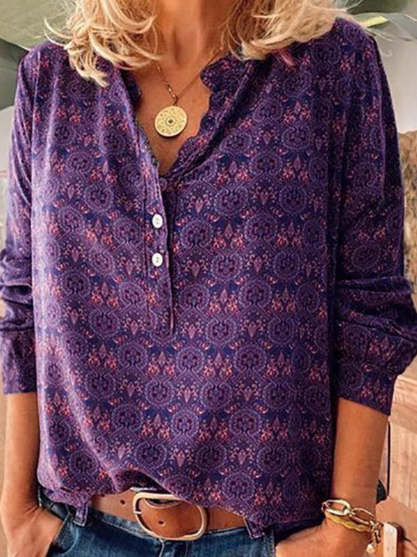 Bohemian Print Button-Front Long Sleeve Blouse