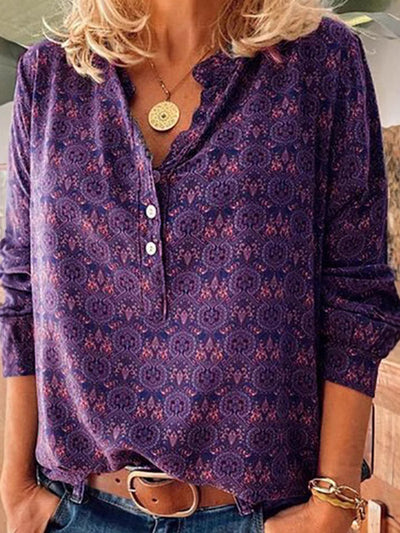 Bohemian Print Button-Front Long Sleeve Blouse