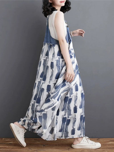 Denim Patchwork Watercolor Maxi Overall Dress