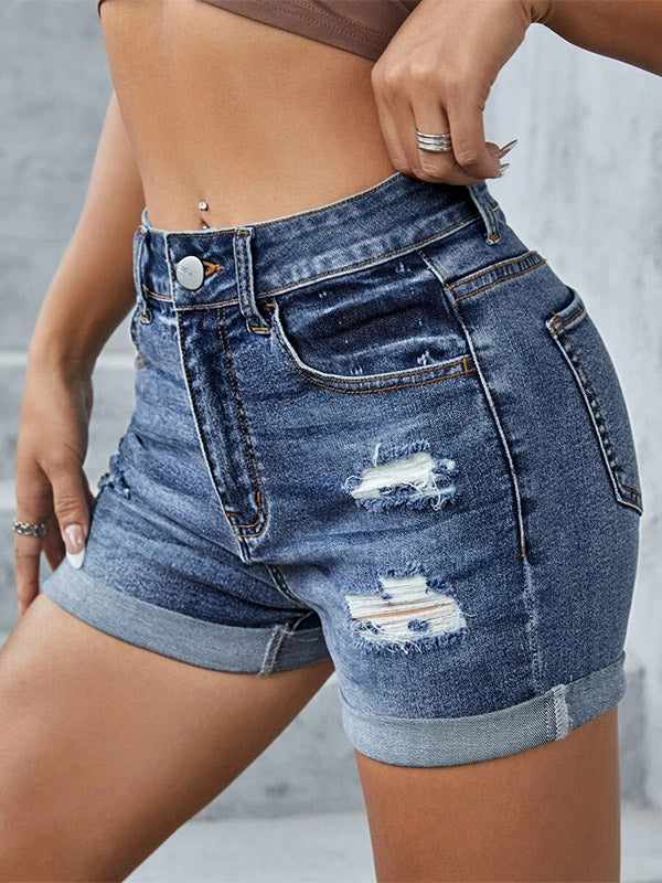 Soft Cuffed Ripped Jeans Mid Rise Stretch Denim Shorts