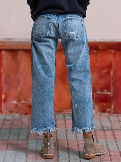 Distressed Raw Hem Straight-Leg Jeans