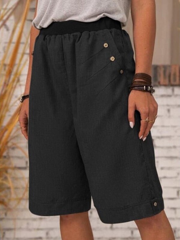 Women's Casual Pants Elastic Waist Straight Pockets Shorts