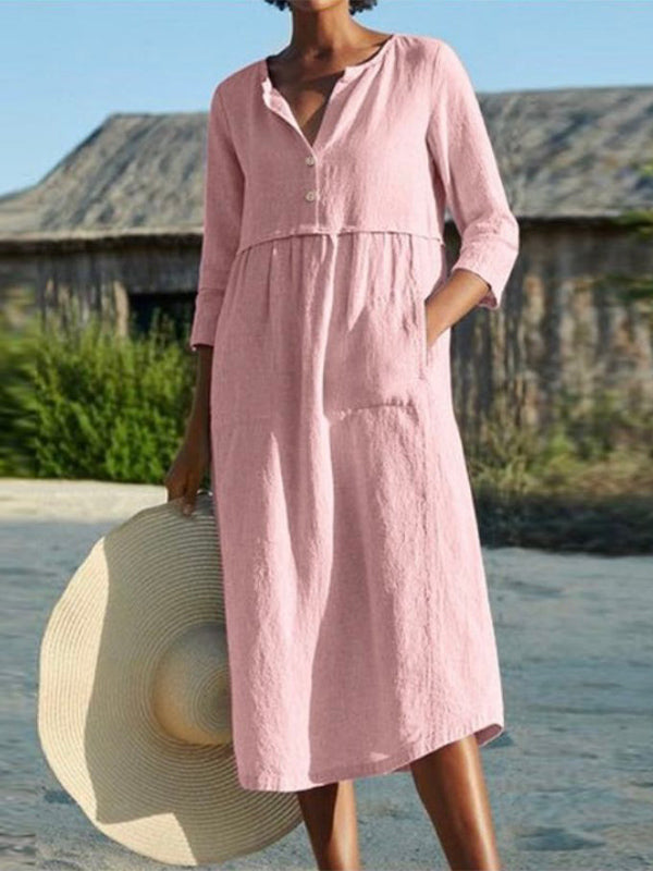 Round Neck Button Pocket Long Sleeve Solid Color Dress