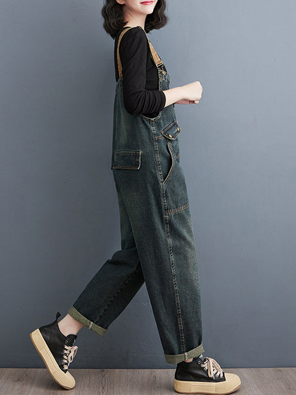 Salopette en denim délavé contrasté pour femme