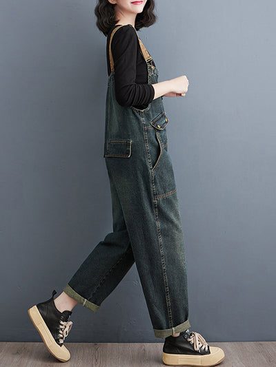 Salopette en denim délavé contrasté pour femme