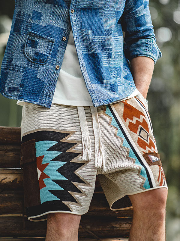 Pantalones cortos sueltos Navajo con cordón vintage Pantalones cortos geométricos de color en contraste