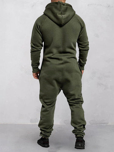 Hooded Fleece Zipper Solid Color Jumpsuit