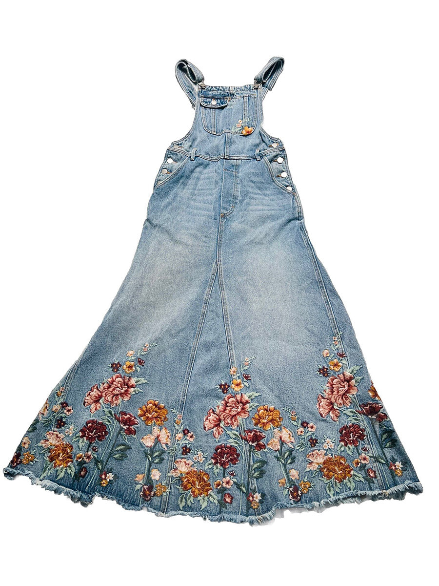 floral embroidered denim overall dress Sarah Overall Dress