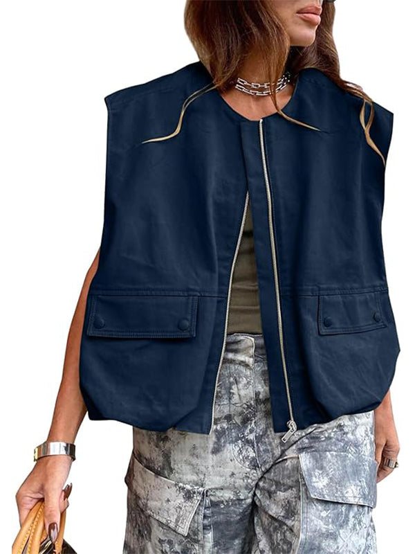 Gilet décontracté à fermeture éclair pour femme Vestes cargo surdimensionnées
