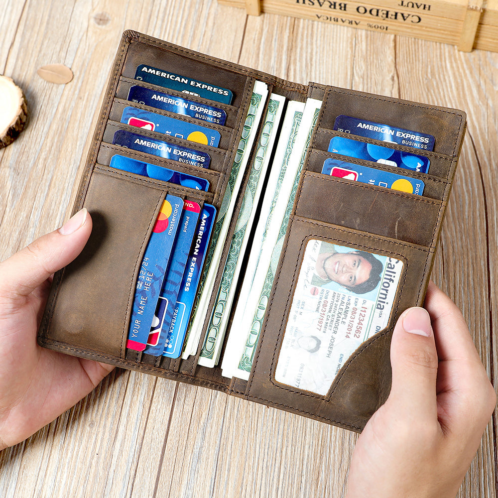 Men's Vintage-Inspired Crazy Horse Leather Long Wallet