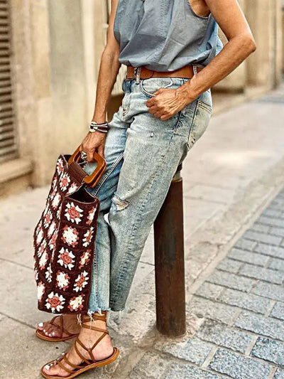 Vintage-Inspired Wash Distressed Straight-Leg Jeans