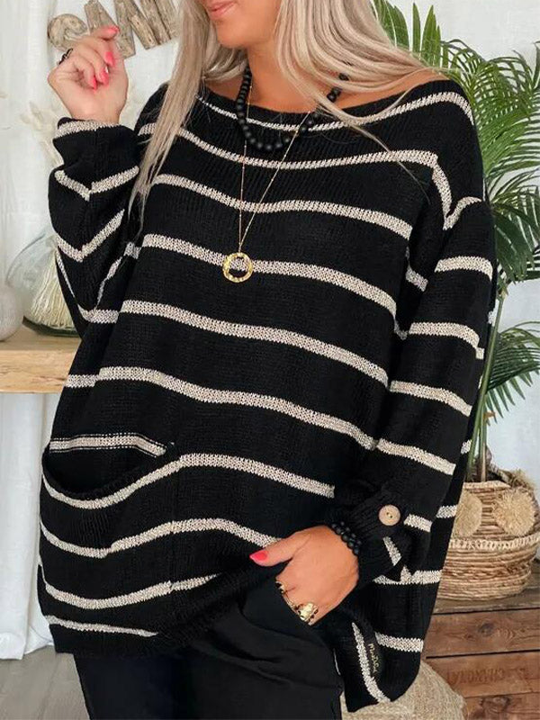 Women's Striped Round Neck Long Sleeve Loose Pocket Sweater