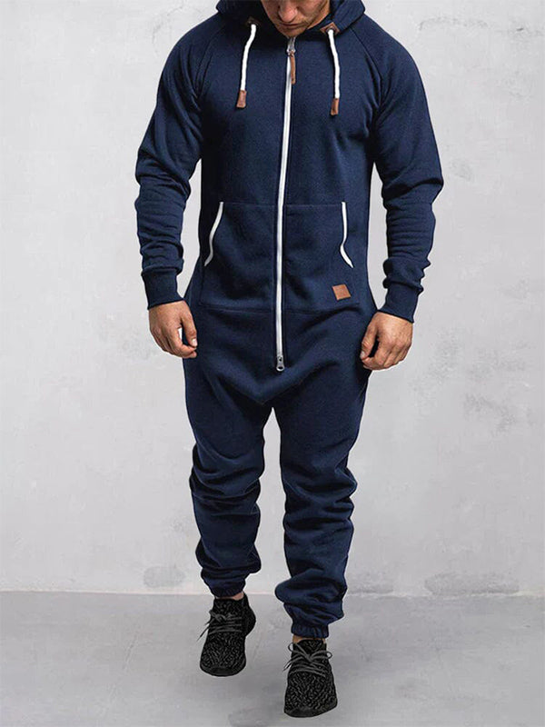 Hooded Fleece Zipper Solid Color Jumpsuit