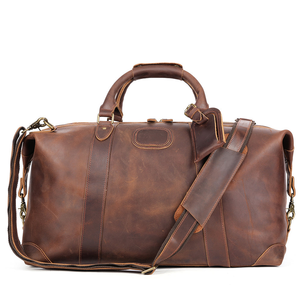 Vintage-Inspired Crazy Horse Leather Travel Duffel Bag