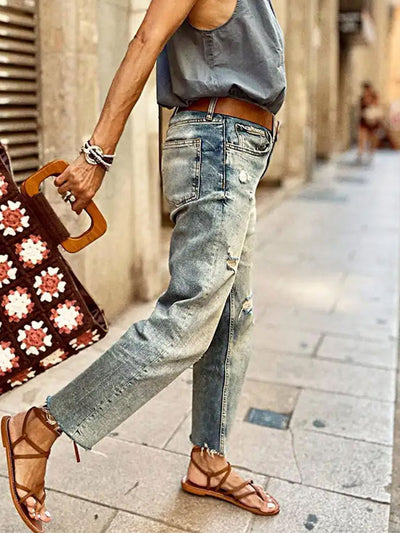 Vintage-Inspired Wash Distressed Straight-Leg Jeans