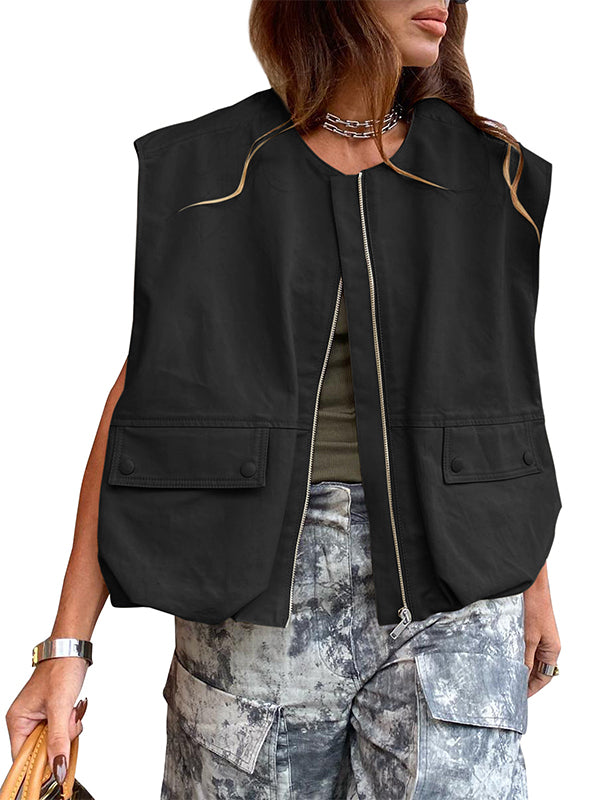 Gilet décontracté à fermeture éclair pour femme Vestes cargo surdimensionnées