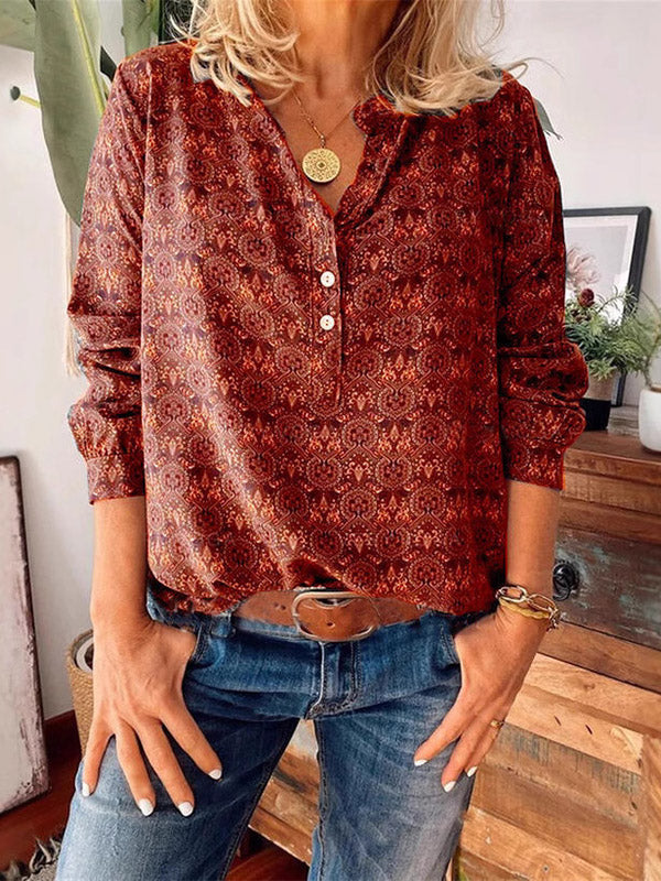 Bohemian Print Button-Front Long Sleeve Blouse