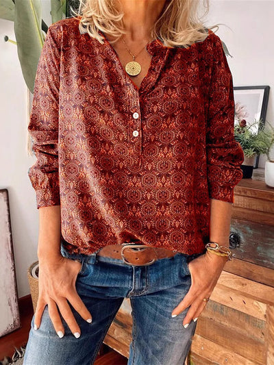 Bohemian Print Button-Front Long Sleeve Blouse