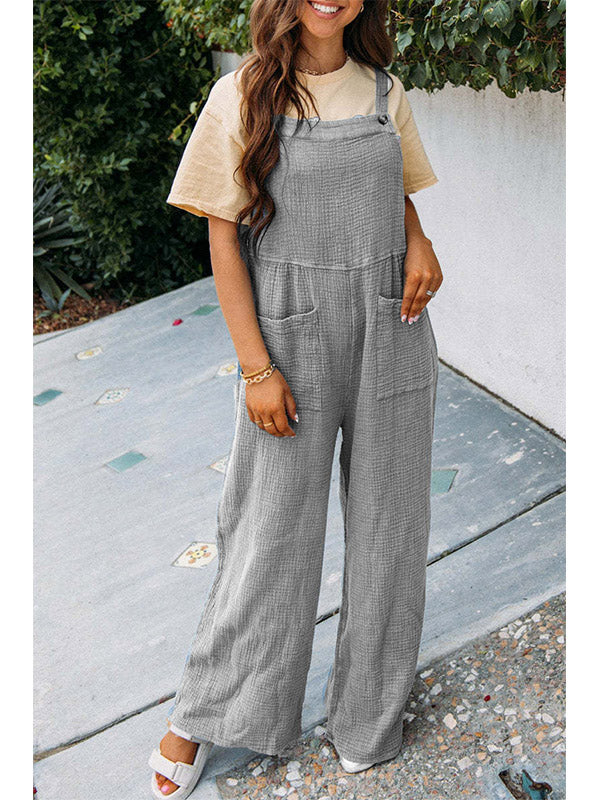Mono informal de pierna ancha con cuello cuadrado y bolsillo para mujer