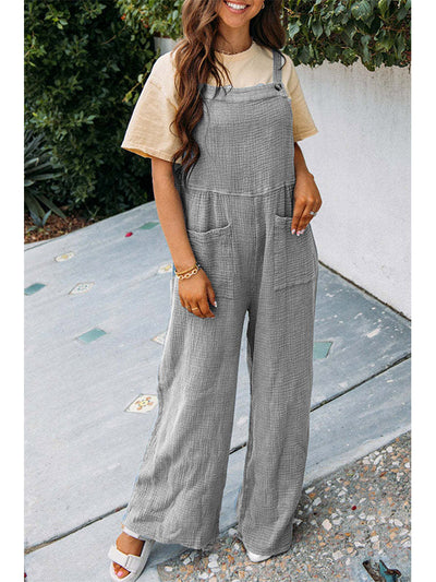 Mono informal de pierna ancha con cuello cuadrado y bolsillo para mujer