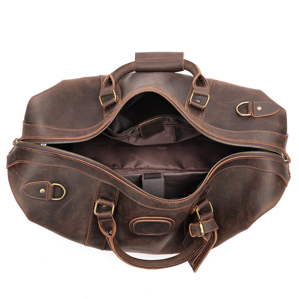 Vintage-Inspired Crazy Horse Leather Travel Duffel Bag