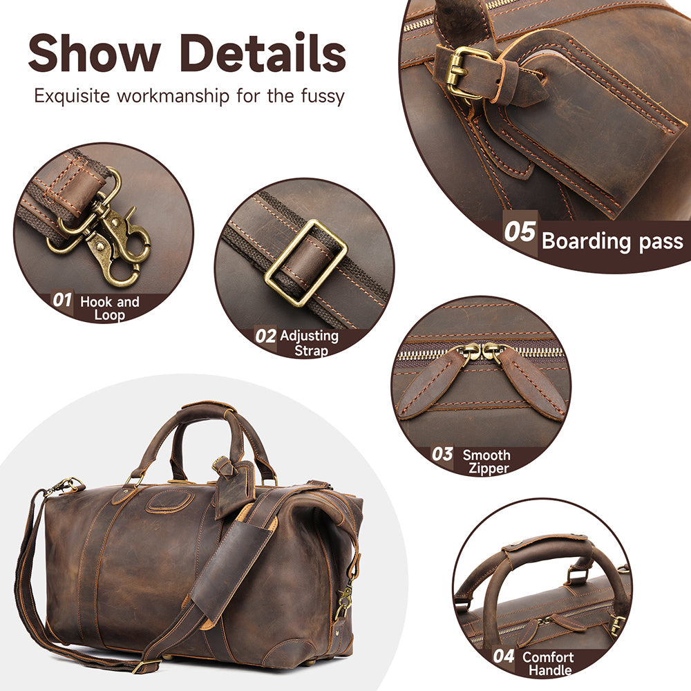 Vintage-Inspired Crazy Horse Leather Travel Duffel Bag
