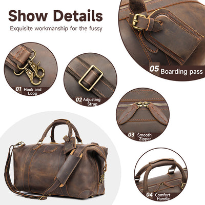 Vintage-Inspired Crazy Horse Leather Travel Duffel Bag