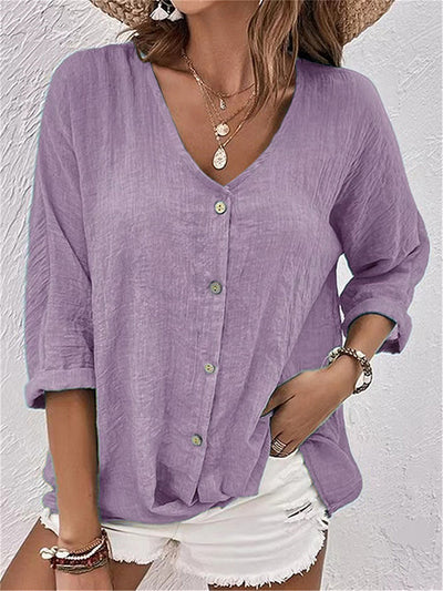 Button Up Casual V-Neck Long Sleeve T-Shirt