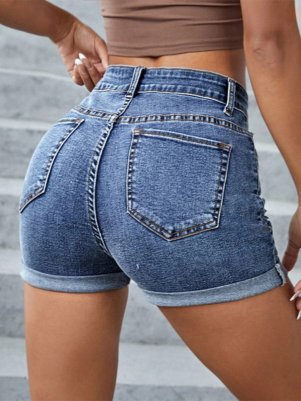 Short en jean extensible taille mi-haute à revers doux et déchiré