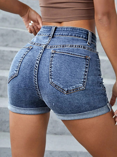 Short en jean extensible taille mi-haute à revers doux et déchiré