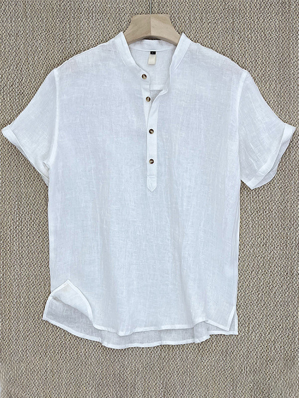 Men's 100% Linen Stand Collar Half Sleeve T-Shirt