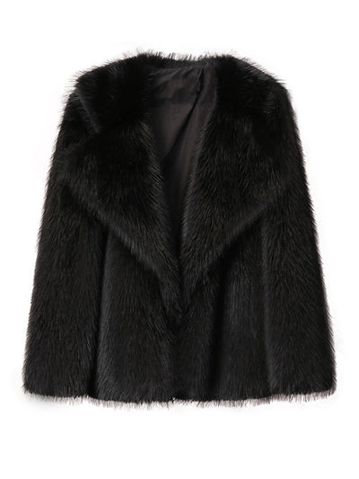 Loose Lapel Long Sleeve V-neck Faux Fur Coat