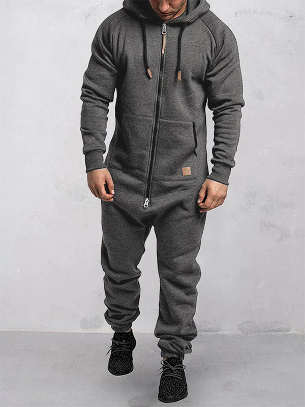 Hooded Fleece Zipper Solid Color Jumpsuit