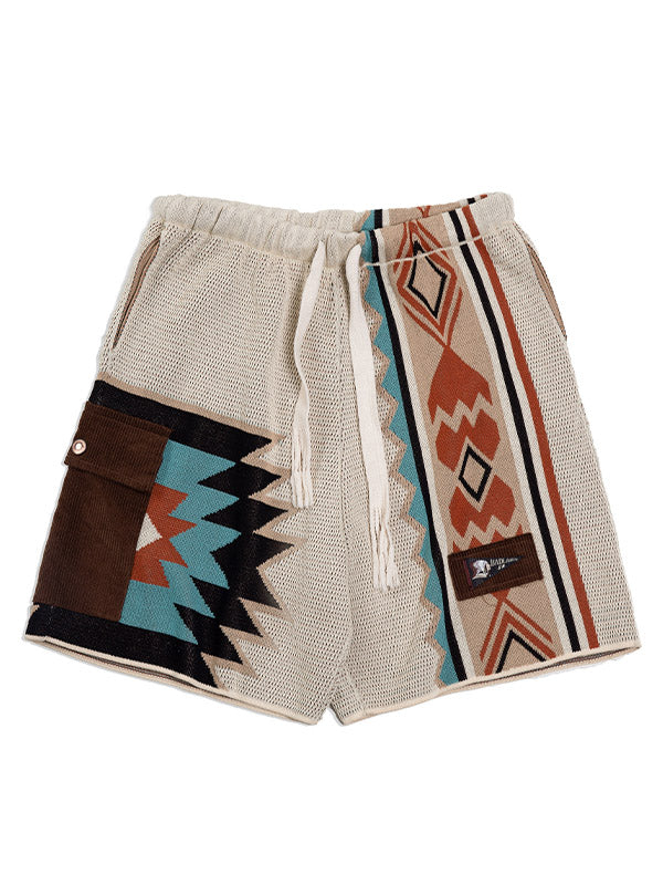 Vintage Drawstring Navajo Loose Shorts Contrast Color Geometric Shorts