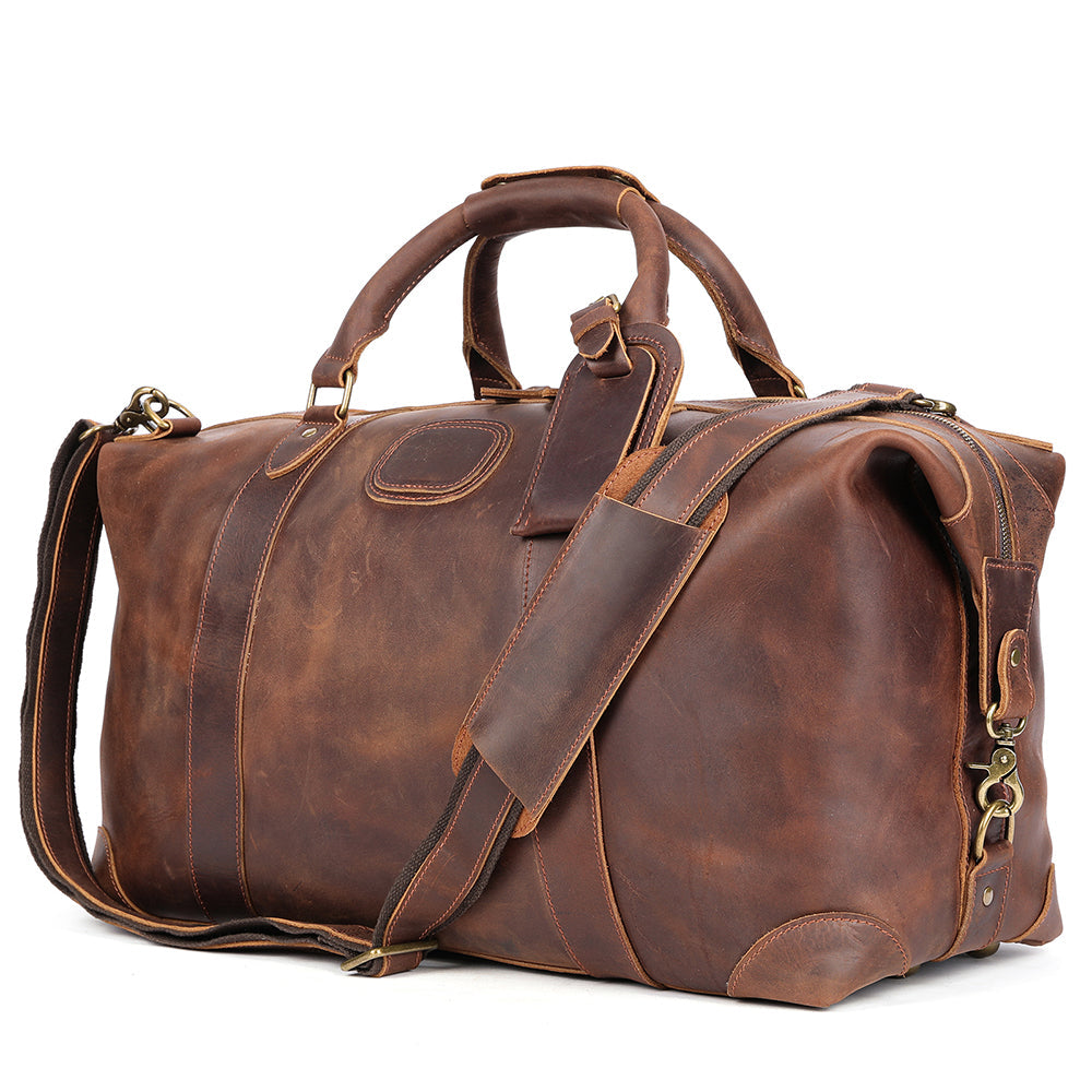 Vintage-Inspired Crazy Horse Leather Travel Duffel Bag