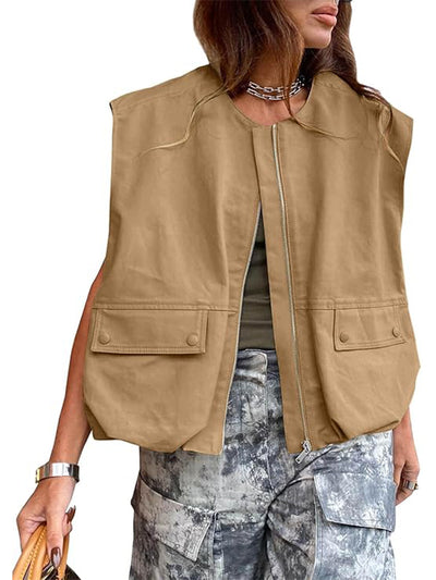Gilet décontracté à fermeture éclair pour femme Vestes cargo surdimensionnées