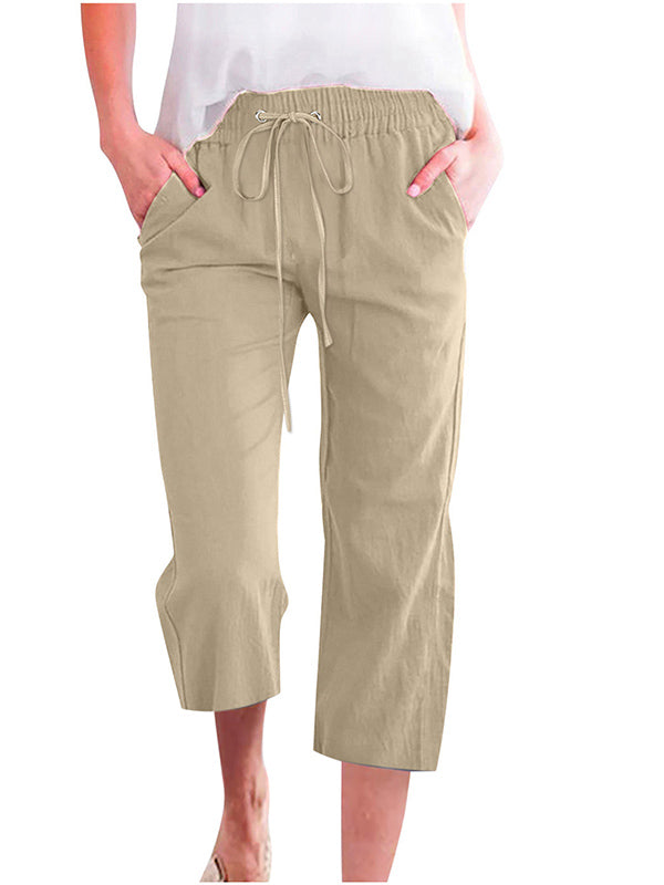 Pantalones cortos rectos casuales con cordón de color sólido
