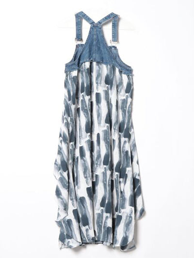 Denim Patchwork Watercolor Maxi Overall Dress