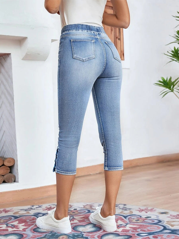 Capri en denim extensible avec cordon de serrage et taille élastique et fente boutonnée